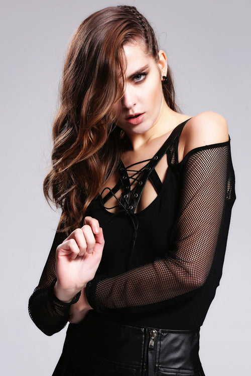 Black Off The Shoulder Leather Straps Lace Up Punk Womens Modal T-Shirt