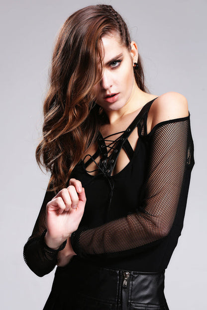 Black Off The Shoulder Leather Straps Lace Up Punk Womens Modal T-Shirt