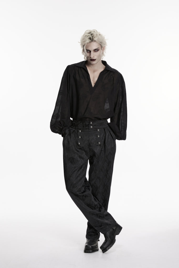 Black Lapel Collar Long Lantern Sleeves Printed Embroidered Men's Gothic Shirt