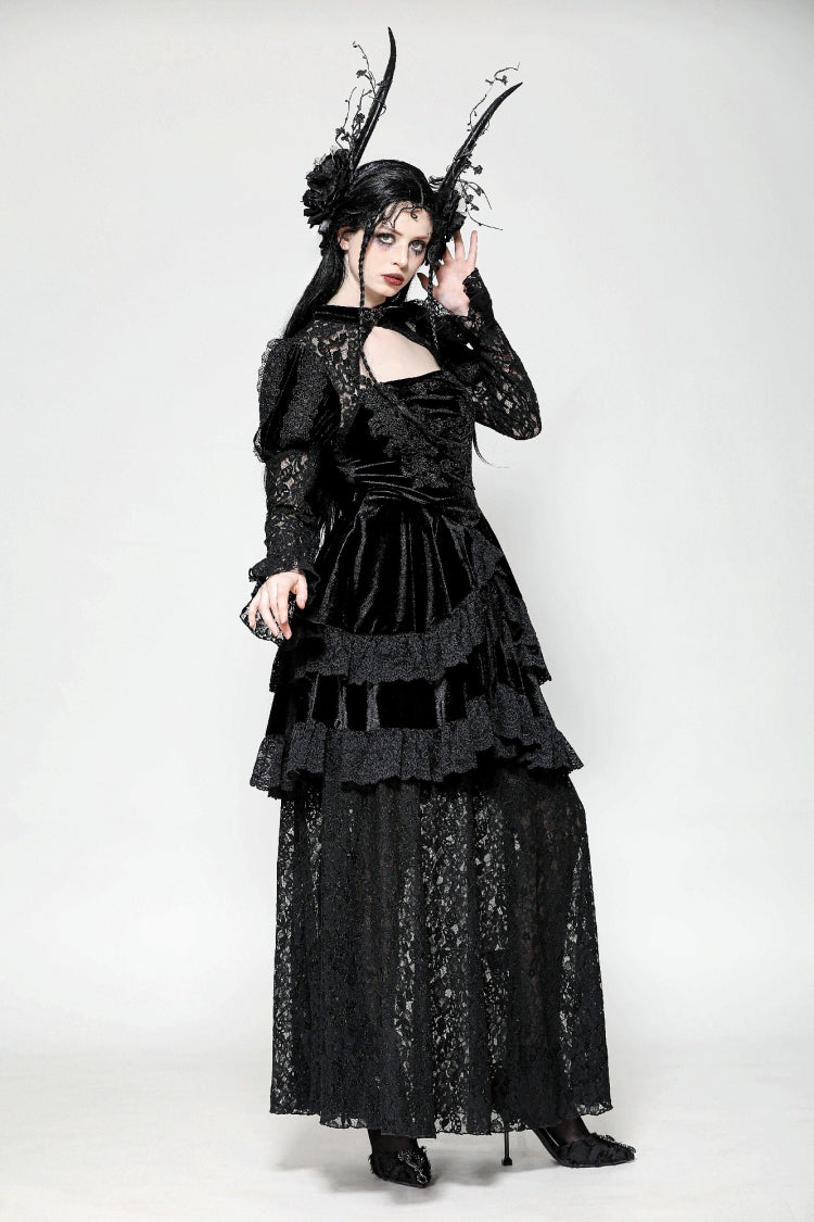 Black Long Puff Sleeves Cut-Out Lace Spliced Velvet Lace-Up Women's Gothic Princess Evening Dress