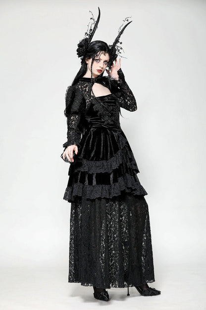 Black Long Puff Sleeves Cut-Out Lace Spliced Velvet Lace-Up Women's Gothic Princess Evening Dress