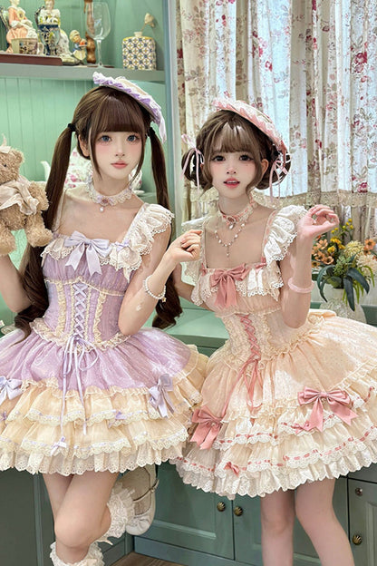 Apricot [Flory Butterfly] Double-Layered Ruffle Bowknot Lace Lace-Up Sweet Ballet Lolita Jsk Dress