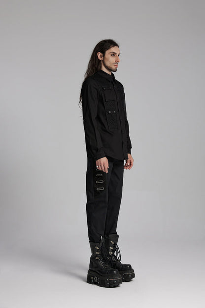 Black Lapel Collar Long Sleeves Zip Mesh Pocket Men's Punk Blouse