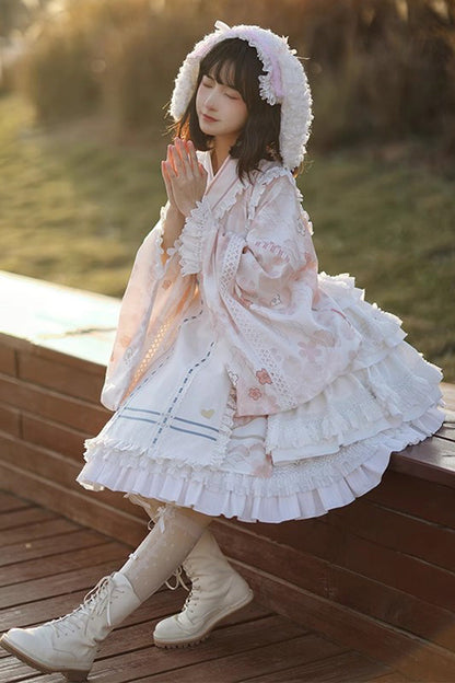 Apricot Long Trumpet Sleeves Cherry Blossom Print Ruffle Sweet Japanese Lolita Dress
