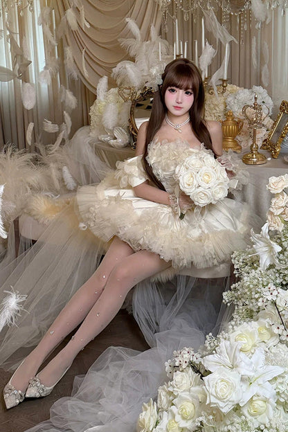 Apricot [Dream Confession] Sleeveless Multi-Layered Ruffled Hanayome Bow Lace Lace-Up Sweet Lolita Jsk Dress Short Version