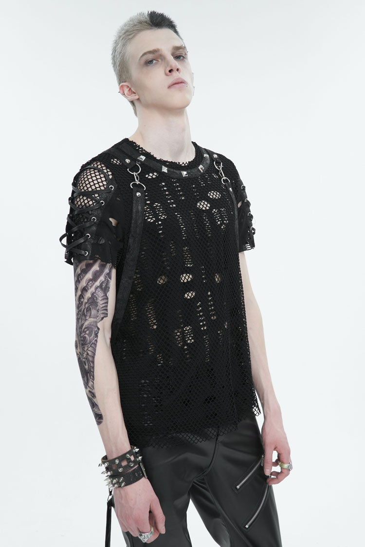 Black Half Hollow Shoulder Tie Design Men's Punk T-Shirt