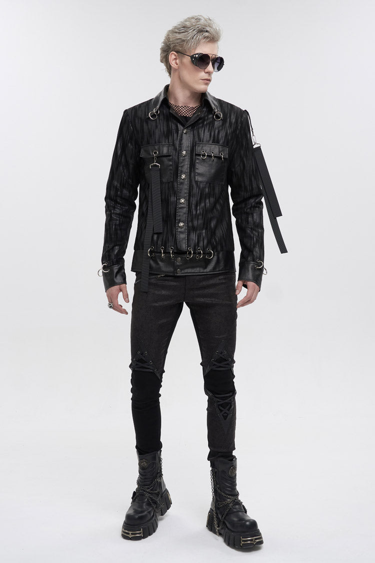 Black Metal Ring Perforated Lapel Lapel Button Handsome Men's Punk Jacket
