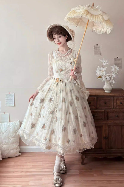 Apricot [Chloris] Printed Embroidered Lace Sweet Lolita Jsk Dress