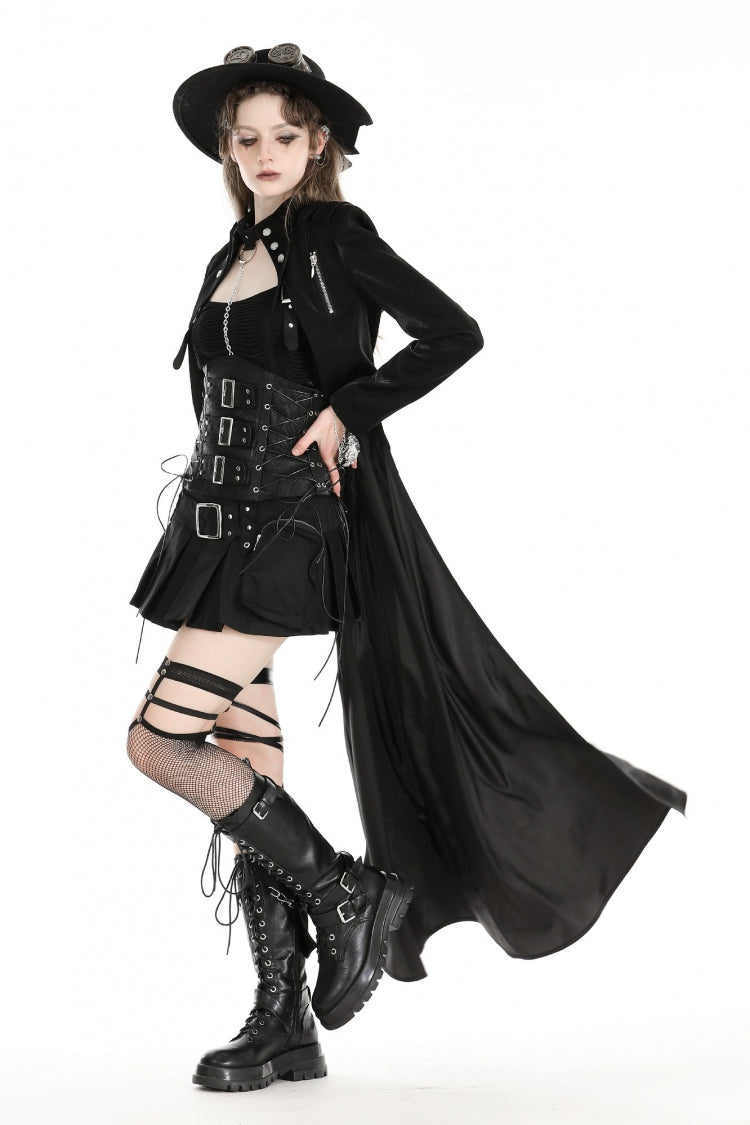 Black Long Sleeves Spliced Lace-Up Women's Gothic High Low Faux Leather Long Tail Jacket