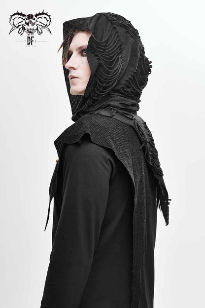 Black Long Sleeves Asymmetric Tatters Strip Leather Metal Loop Hooded Men's Punk T-Shirt