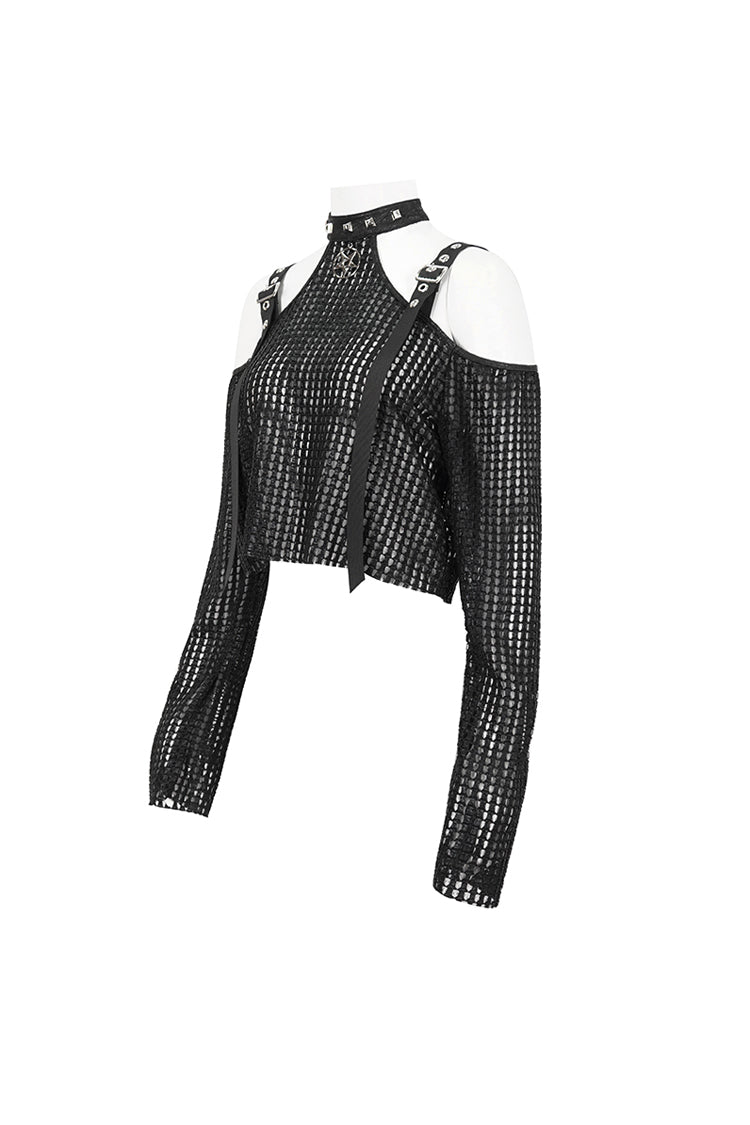 Black Off Shoulder Buckle Sheer Crop Women's Punk Shirt