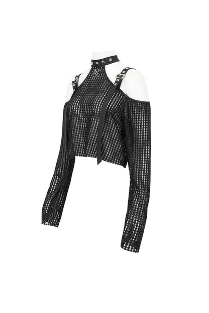 Black Off Shoulder Buckle Sheer Crop Women's Punk Shirt