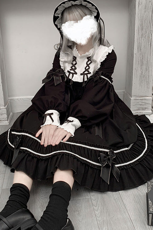 Black Bowknot Ruffled Long Sleeves Lolita OP Gothic Lolita Dress