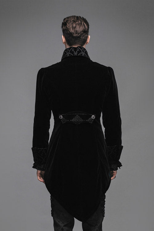 Black Embroidered Collar Long Sleeves Mens Velveteen Tuxedo Gothic Coat