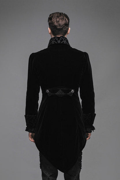 Black Embroidered Collar Long Sleeves Mens Velveteen Tuxedo Gothic Coat