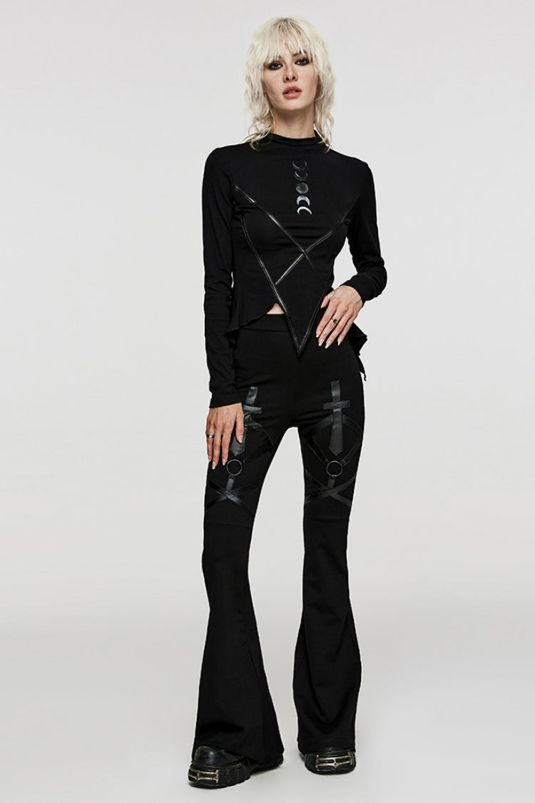 Black Cross Stitching Metal Ring Women's Steampunk Flared Pants