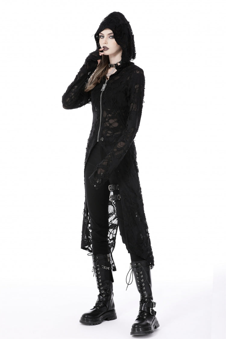 Black Long Sleeves Split Ripped Zippered Women's Punk Long Coat with Hood