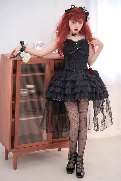 Black High Waisted Multi-layer Rose Bowknot Lace-Up Gothic Lolita Jsk Dress