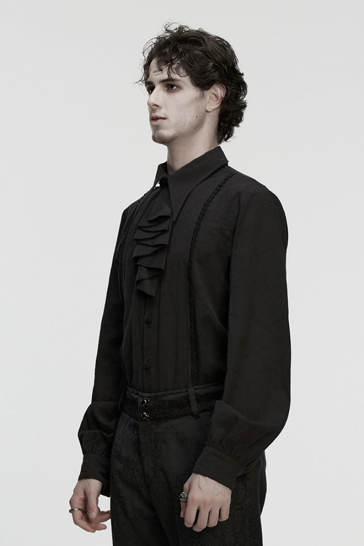 Black Lapel Collar Long Puff Sleeves Men's Gothic Blouse with Detachable Necktie White
