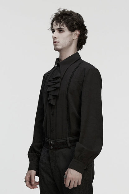 Black Lapel Collar Long Puff Sleeves Men's Gothic Blouse with Detachable Necktie White