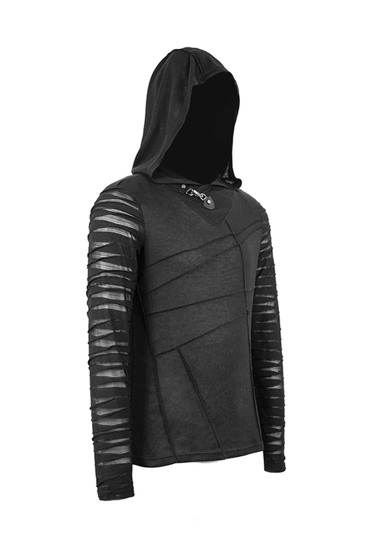 Black Collar Metal Button Irregular Striped Patchwork Bandage Hooded Men's Punk T-Shirt