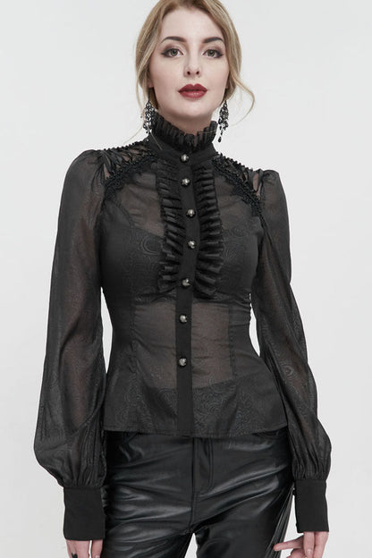Black Long Sleeve Ruffles On Chest Shoulder Back Tie Detail See-Through Pattern Material Stand Collar Women's Gothic Shirt
