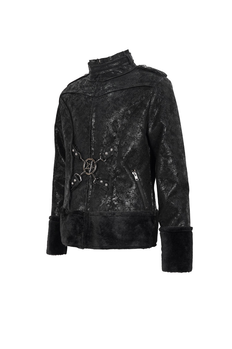 Black Five Pointed Star Decoration Retro Suede Short Plush Men's Punk Coat