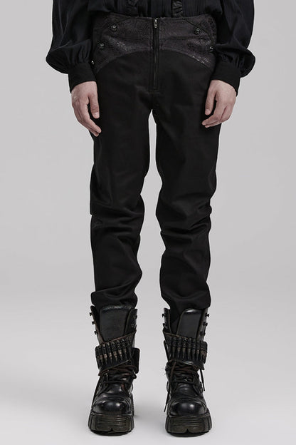 Black Leather Stitching Slim Front Zipper Men's Gothic Pants