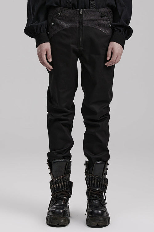 Black Leather Stitching Slim Front Zipper Men's Gothic Pants