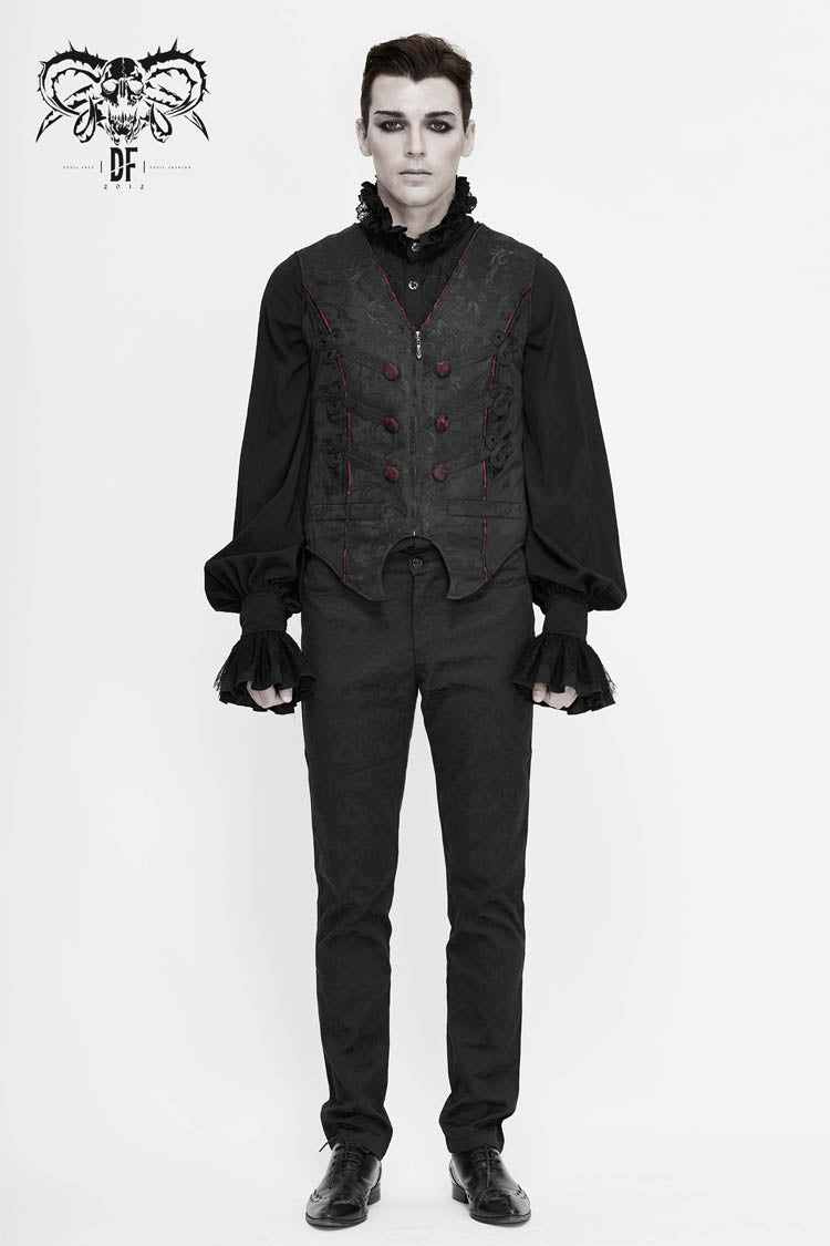 Black Dark Jacquard Chest Plate Buttons Back Lace Up Men's Gothic Waistcoat
