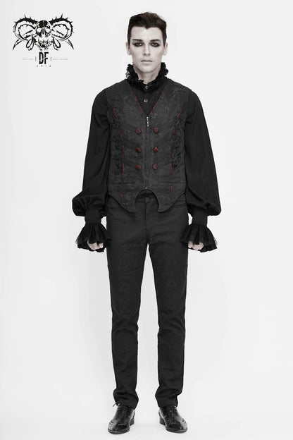 Black Dark Jacquard Chest Plate Buttons Back Lace Up Men's Gothic Waistcoat