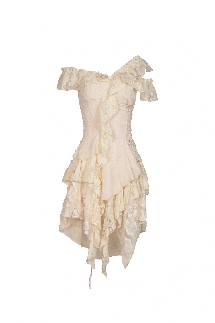 Beige Irregular Multi-Layered Ruffled Lace Women's Steampunk Vintage Dress
