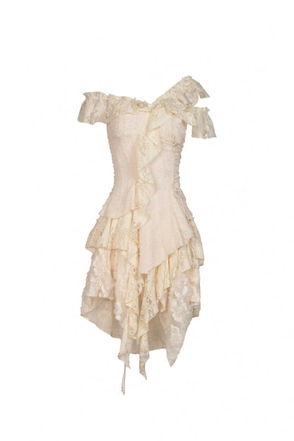 Beige Irregular Multi-Layered Ruffled Lace Women's Steampunk Vintage Dress