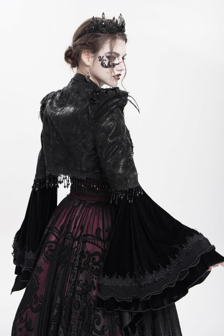 Black Long Sleeves Floral Embroidery Women's Gothic Beaded Frog Short Jacket