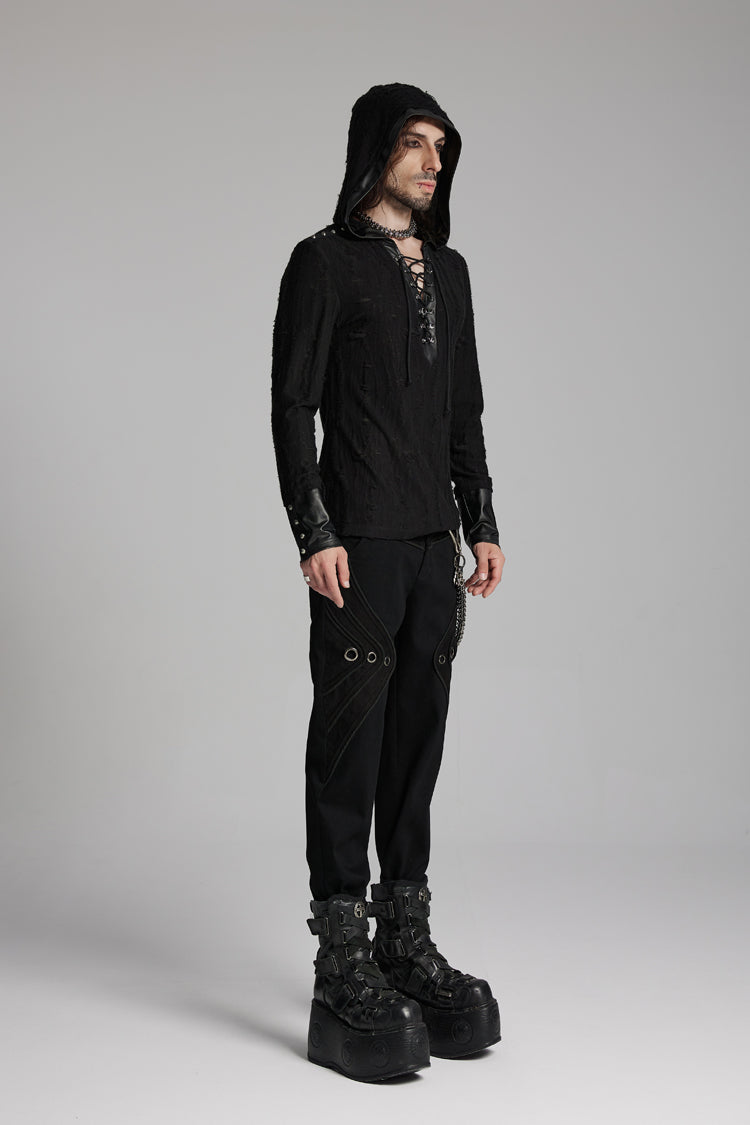 Black Long Sleeves Lace-Up Hooded Studs Eyelets Men's Punk T-Shirt
