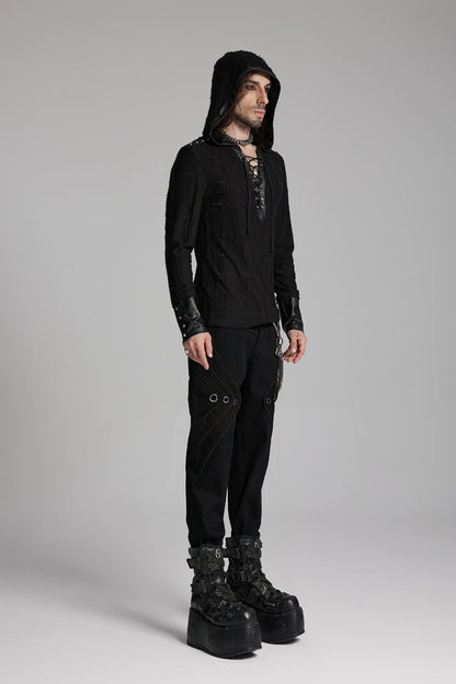 Black Long Sleeves Lace-Up Hooded Studs Eyelets Men's Punk T-Shirt