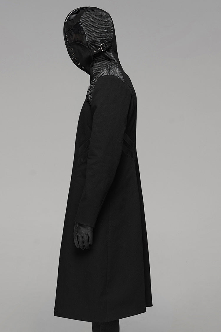 Black Long Sleeves Hooded Rivet Men's Punk Military Long Jacket