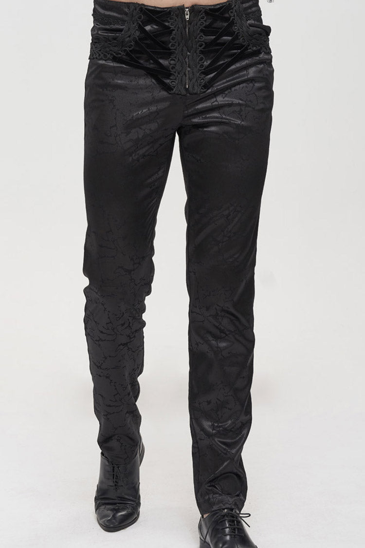 Black Gothic Glossy Pattern Drawstring Lace Decoration Men's Pants