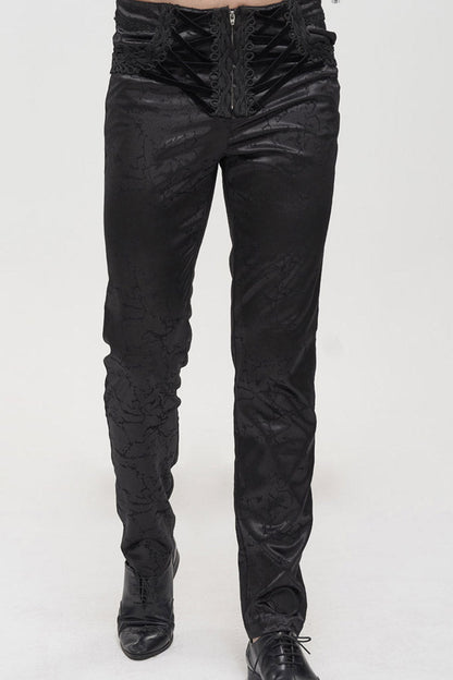 Black Gothic Glossy Pattern Drawstring Lace Decoration Men's Pants