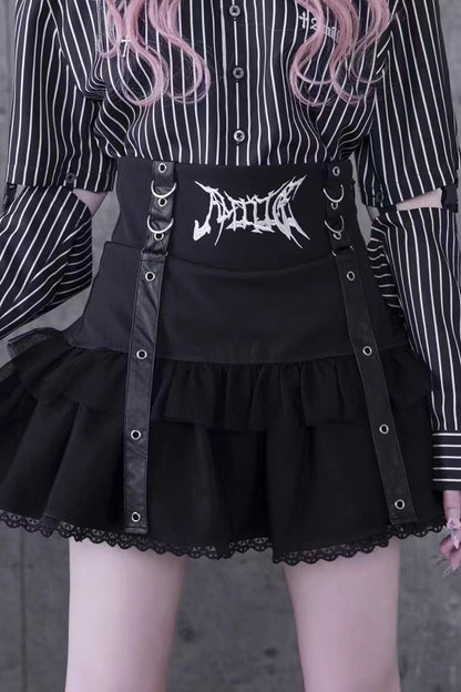 Black High Waisted Ruffle Embroidery Gothic Jirai Kei Japanese Skirt