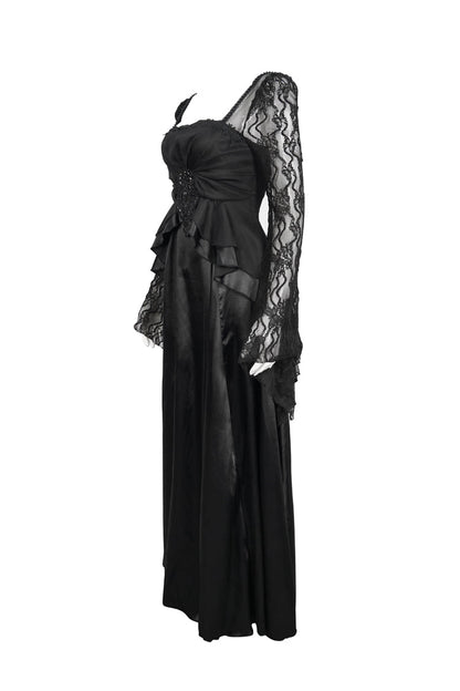 Black Lace Pointy Large Sleeves Back Middle Zipper Satin Long Floor Length Women's Gothic Dress