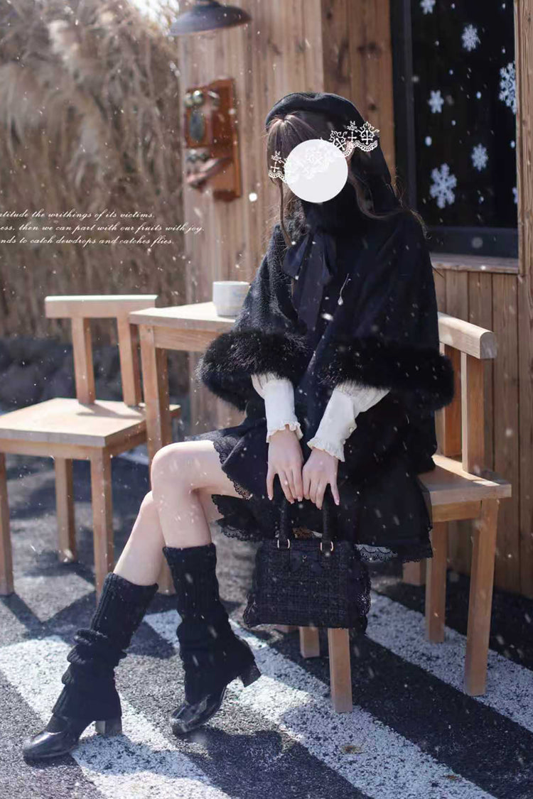 Black Long Sleeves Lace Gothic Japanese Lolita Fluffy Cloak Coat