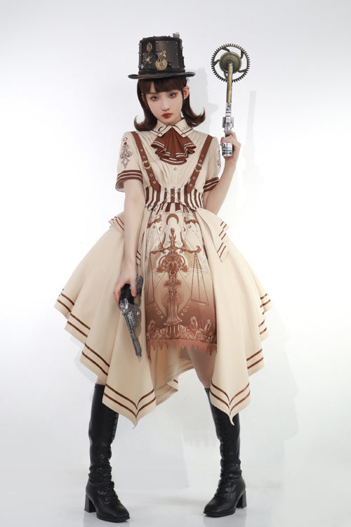 Beige British Style Short Sleeves Libra Print Cardigan Sweet Lolita Dress
