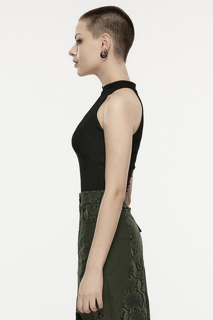 Black Metal Buckle Stand Collar Asymmetric Women's Punk Vest