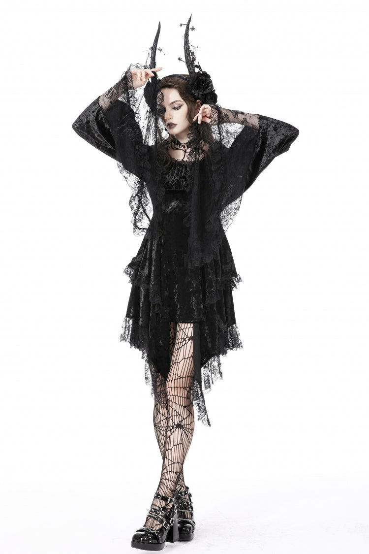 Black Irregular Long Trumpet Sleeves Lace Spliced Women's Gothic Velvet Graduation Dress