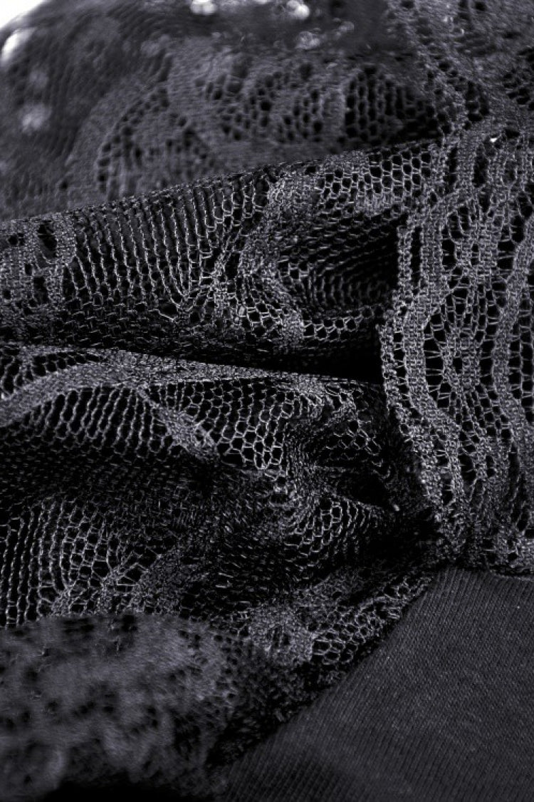 Black Plunging V Collar Short Sleeves Ruffled Lace Sexy Women's Gothic Crop Top