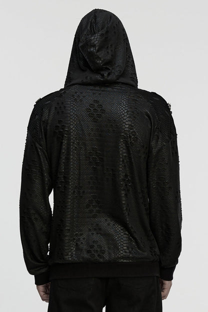 Black Long Sleeves Hooded Ripped Eyelets Men's Punk Coat