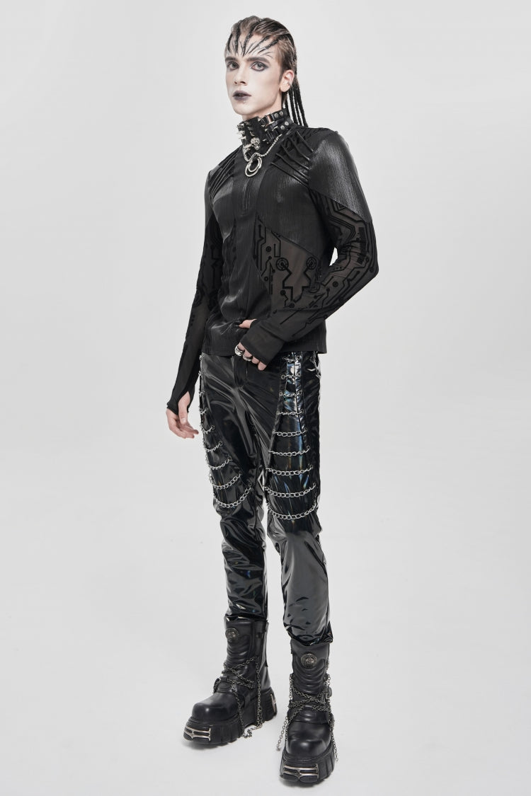 Black Long Sleeves Circuit Board Print Men's Punk Blouse