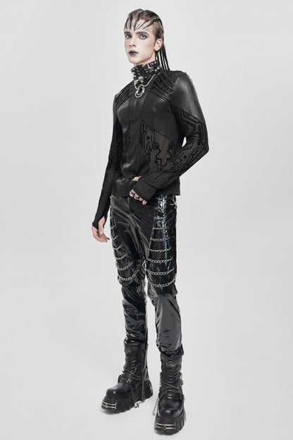 Black Long Sleeves Circuit Board Print Men's Punk Blouse