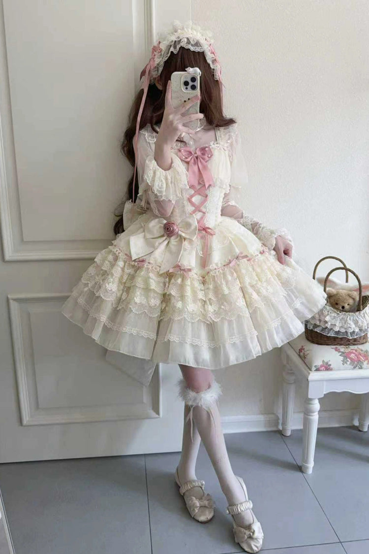 Apricot [Rose Canticle] Sleeveless Multi-Layered Bowknot Lace Lace-Up Pearl Ballet Sweet Lolita Jsk Dress